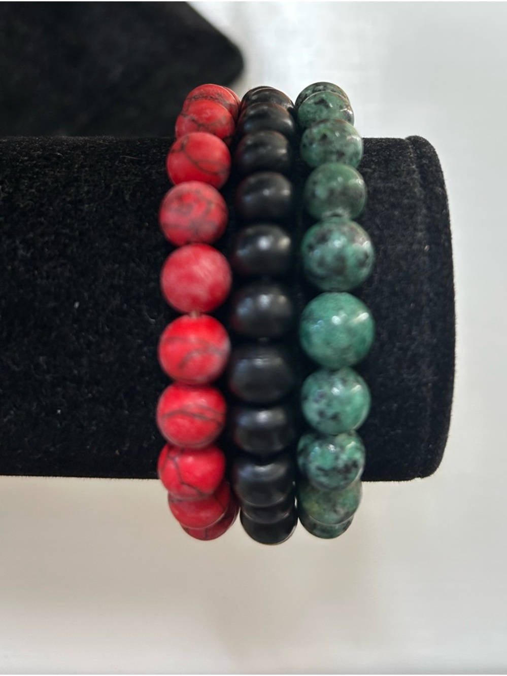 Beaded Stretch Bracelet Trio - Red, Black & Green